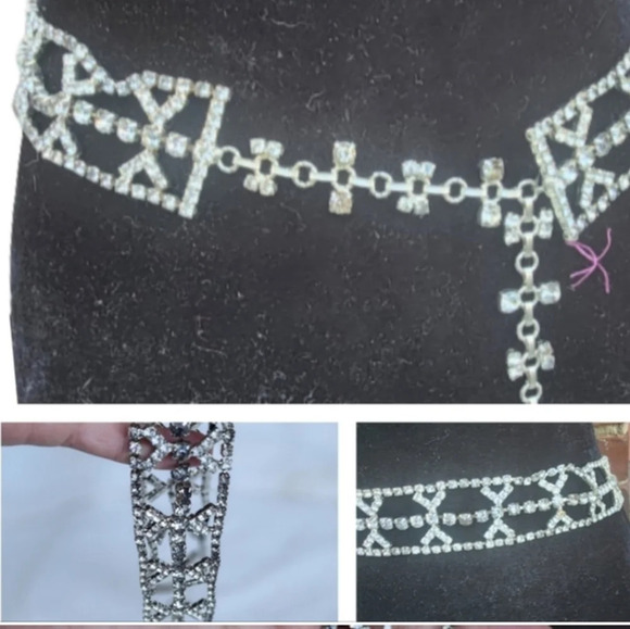 Vintage Rhinestone Chain Belt Crystal Statement Glam Waist Belt S/M